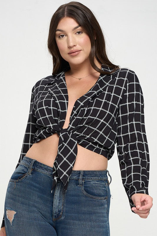 talent PLUS Plus Size Plaid Tie Front Cropped Shirt