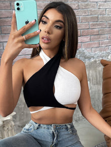 Crisscross Tie Backless Colorblock Knit Halter Top