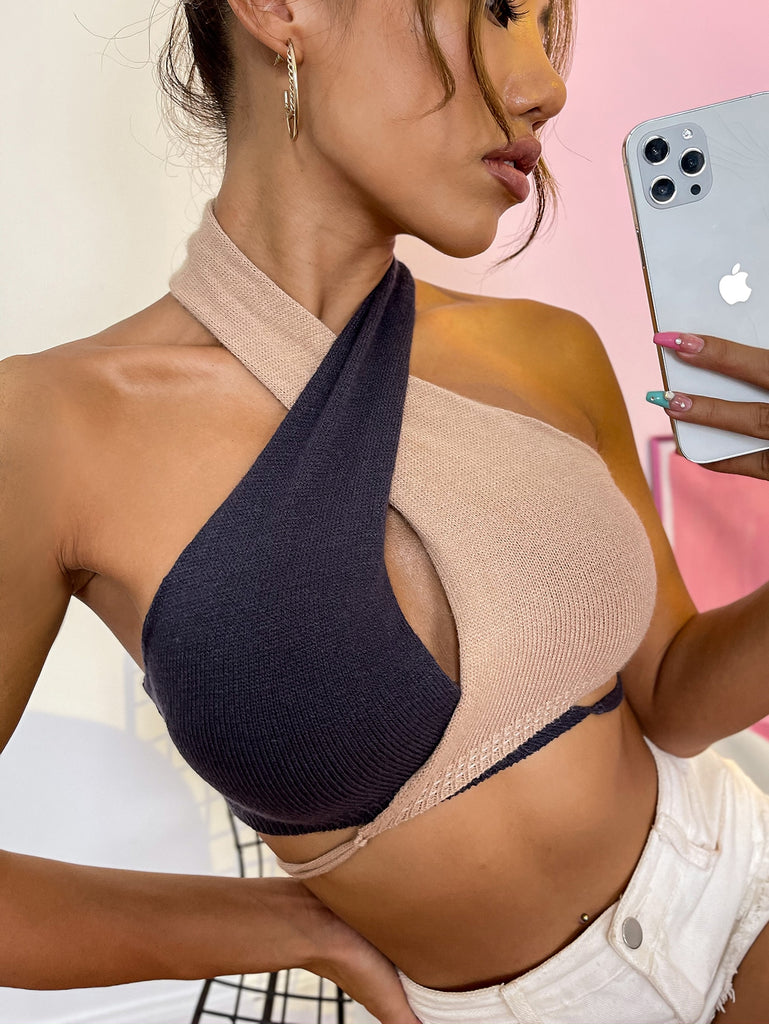 Crisscross Tie Backless Colorblock Knit Halter Top