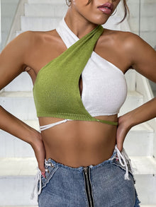 Crisscross Tie Backless Colorblock Knit Halter Top