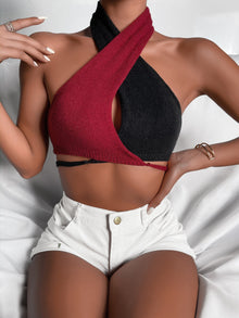 Crisscross Tie Backless Colorblock Knit Halter Top