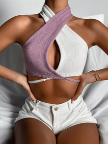 Crisscross Tie Backless Colorblock Knit Halter Top