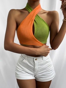 Crisscross Tie Backless Colorblock Knit Halter Top