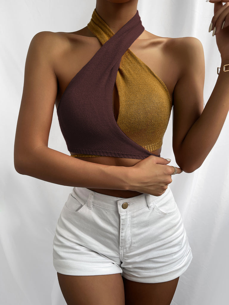 Crisscross Tie Backless Colorblock Knit Halter Top
