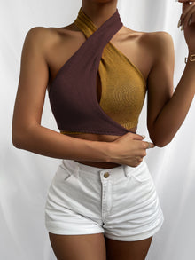 Crisscross Tie Backless Colorblock Knit Halter Top