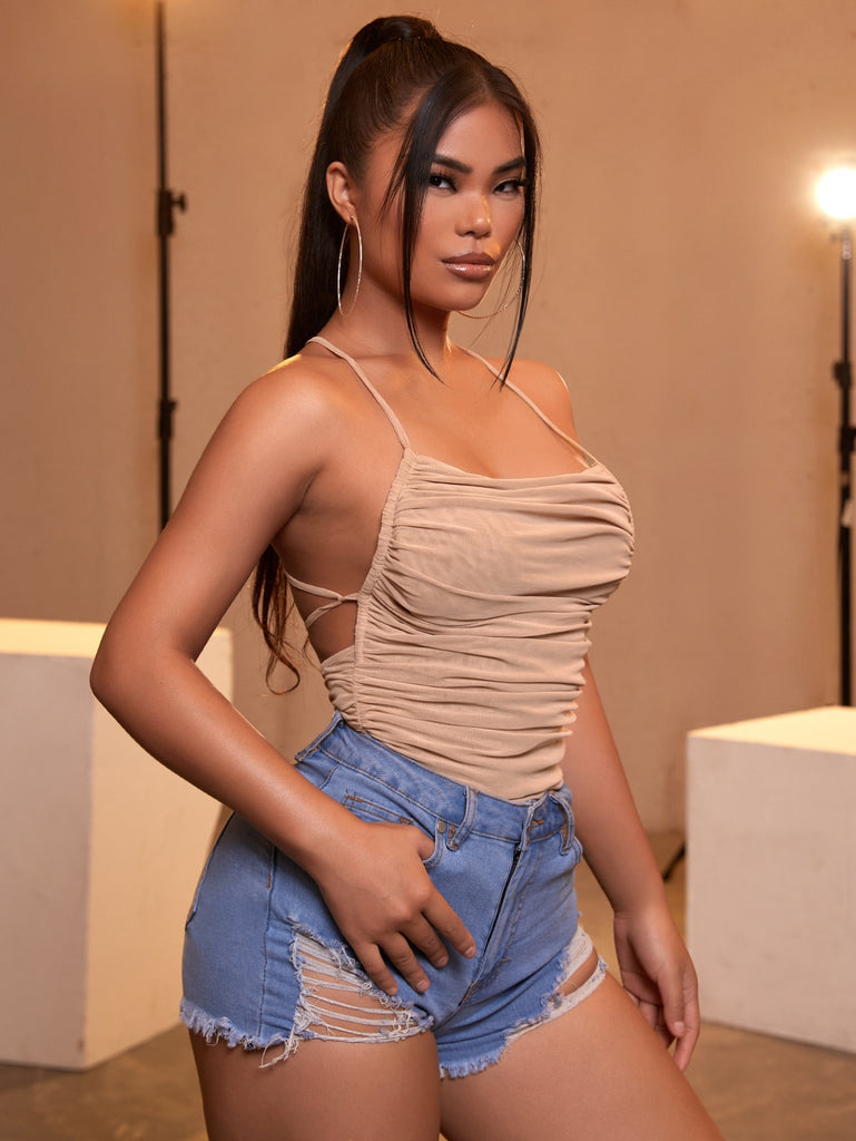 SXY Ruched Criss Cross Backless Cami Bodysuit