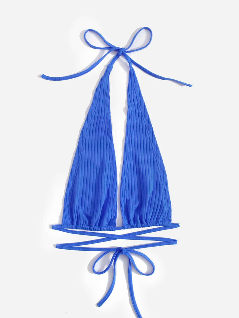 Plunging Neck Crisscross Tied Backless Halter Top