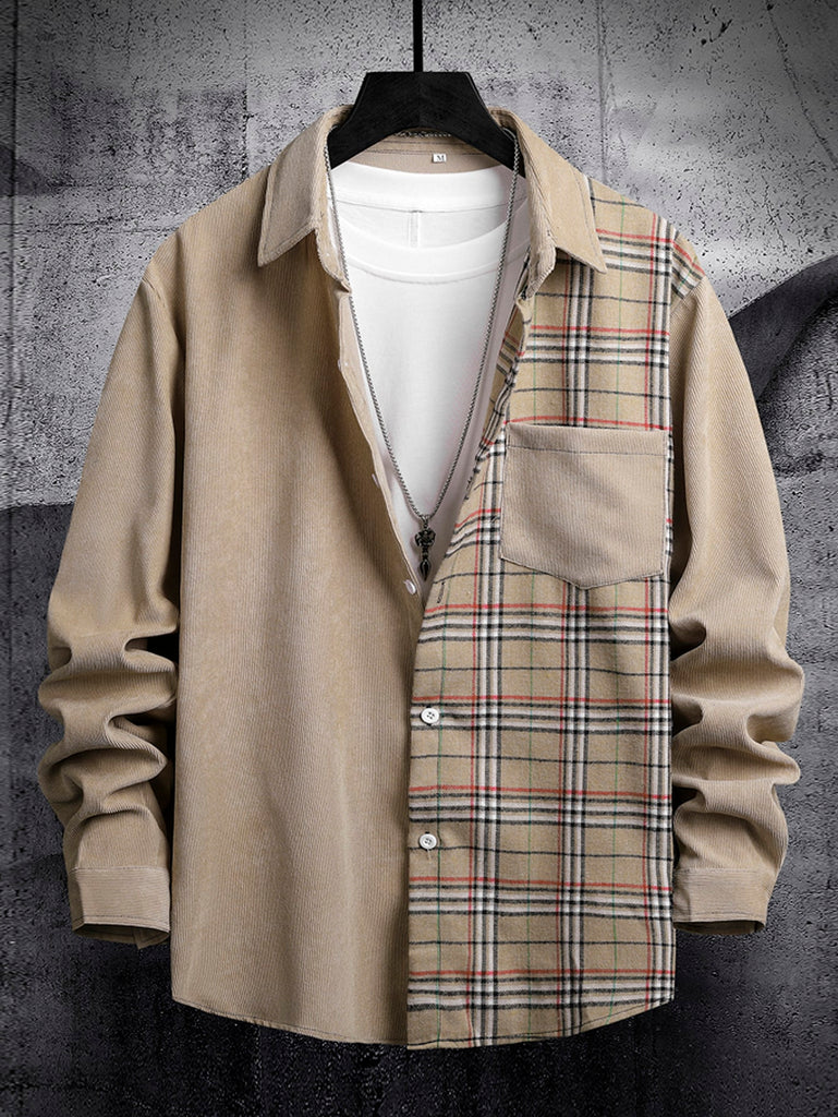 Men Plaid Panel Corduroy Shirt Without Tee