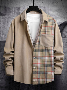 Men Plaid Panel Corduroy Shirt Without Tee