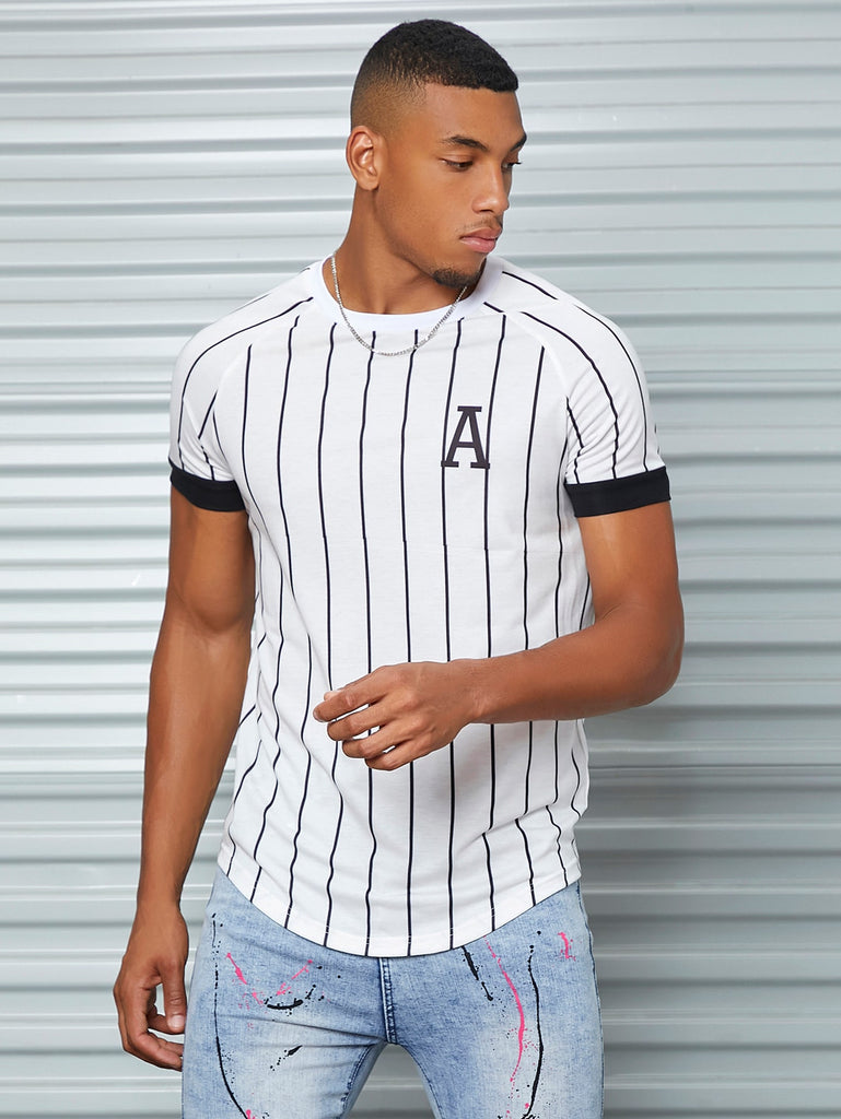 Men Striped And Letter Graphic Raglan Sleeve Curved Hem Tee