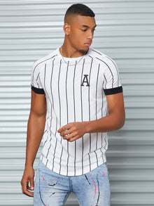 Men Striped And Letter Graphic Raglan Sleeve Curved Hem Tee