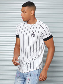 Men Striped And Letter Graphic Raglan Sleeve Curved Hem Tee