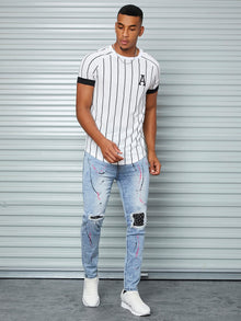 Men Striped And Letter Graphic Raglan Sleeve Curved Hem Tee