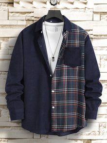 Men Plaid Panel Corduroy Shirt Without Tee