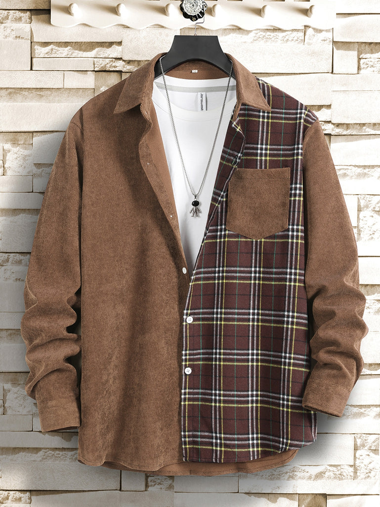 Men Plaid Panel Corduroy Shirt Without Tee