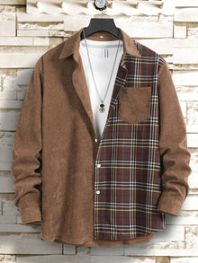 Men Plaid Panel Corduroy Shirt Without Tee