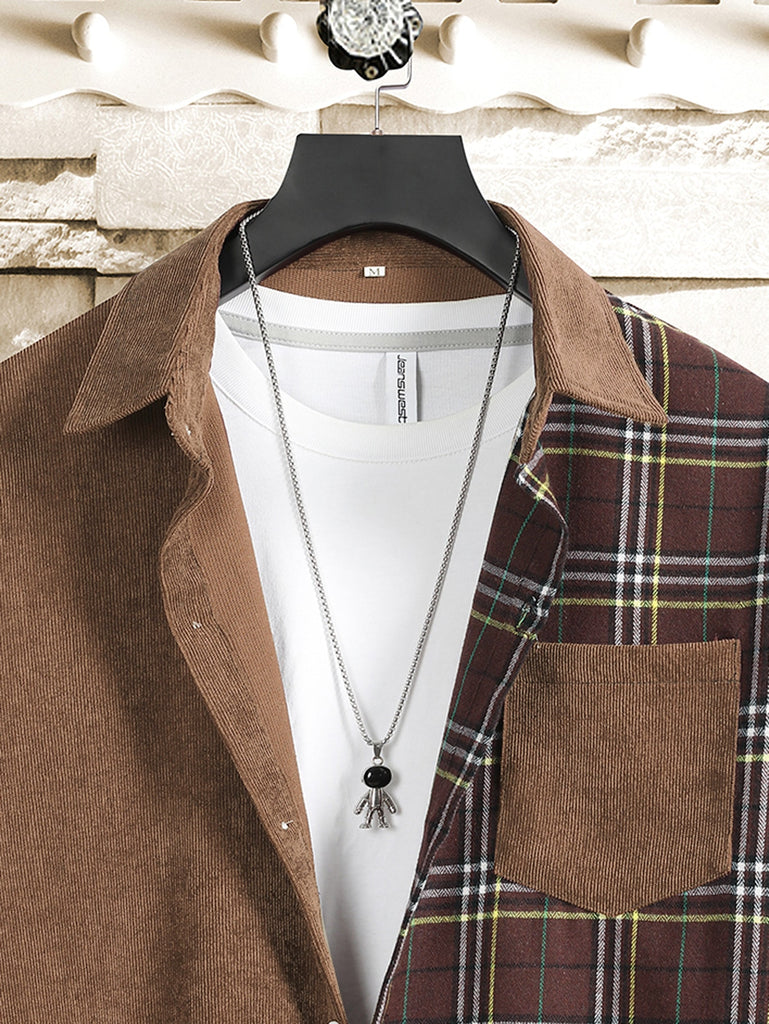 Men Plaid Panel Corduroy Shirt Without Tee