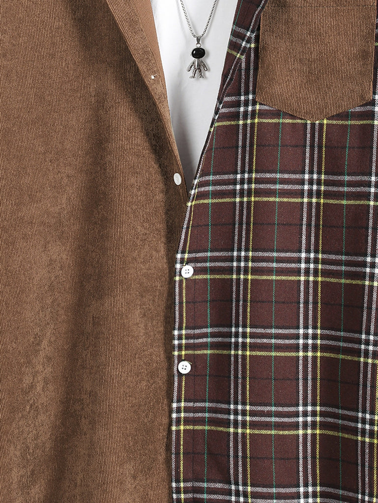 Men Plaid Panel Corduroy Shirt Without Tee