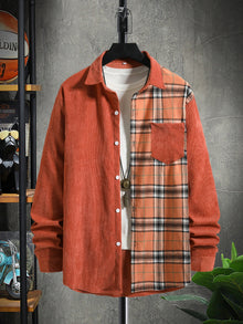 Men Plaid Panel Corduroy Shirt Without Tee