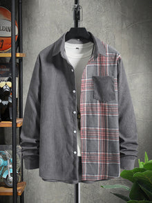 Men Plaid Panel Corduroy Shirt Without Tee