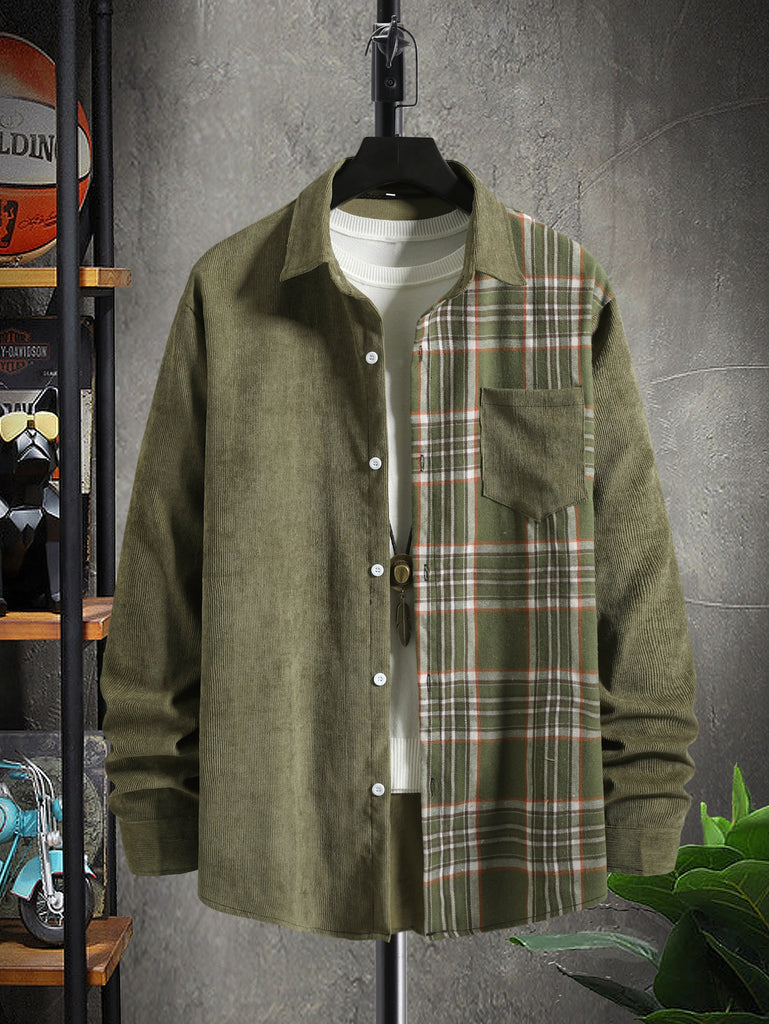 Men Plaid Panel Corduroy Shirt Without Tee