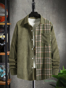 Men Plaid Panel Corduroy Shirt Without Tee