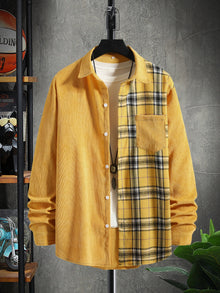 Men Plaid Panel Corduroy Shirt Without Tee