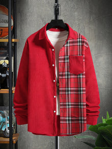 Men Plaid Panel Corduroy Shirt Without Tee