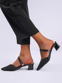 Knit Detail Chunky Heeled Mule Pumps