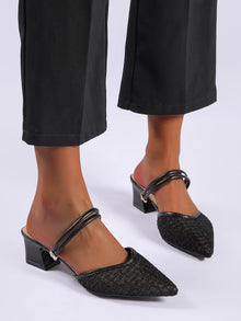 Knit Detail Chunky Heeled Mule Pumps