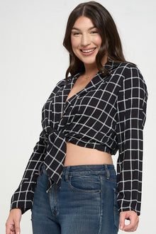 talent PLUS Plus Size Plaid Tie Front Cropped Shirt