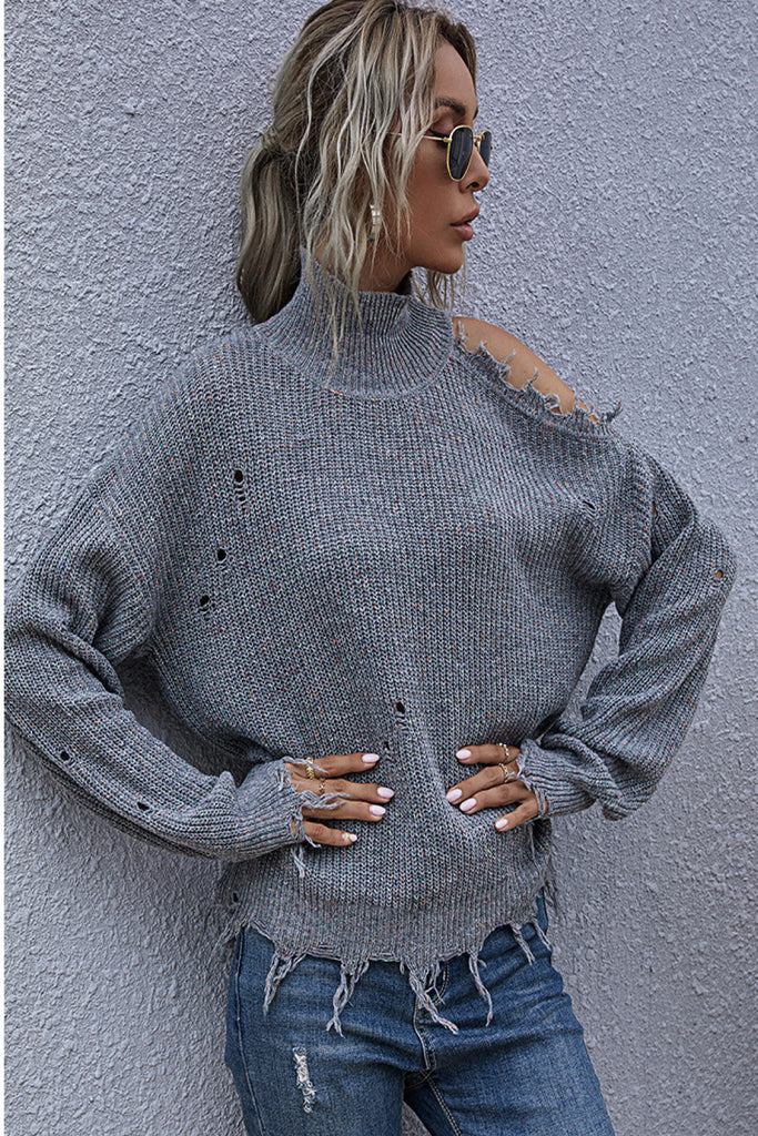 One Shoulder Distressed Sweater