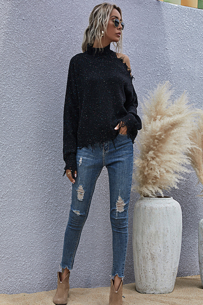 One Shoulder Distressed Sweater