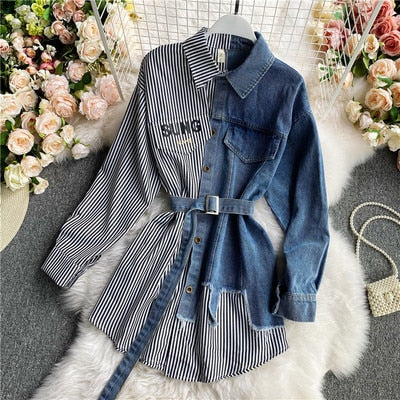 Women's Blouse 2020 Autumn Long Sleeve Shirt Tops Jeans Patchwork Plaid Blouses Elegantes Blusas para mujer Slim Shirt Dress