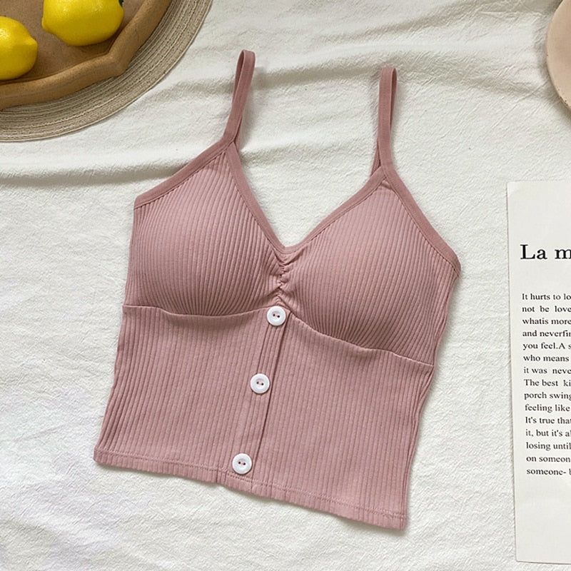 Women's Summer Camisole New 2020 Fashion Cropped Button Outer Wear Thin V-Neck Knit Tops WX73