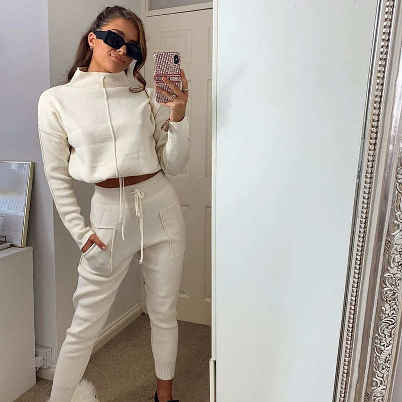InstaHot Women Two Piece Tracksuit Set Turtleneck Crop Sweatshirt and Patchwork Sweatpant Homewear Leisure Solid Casual Outfit