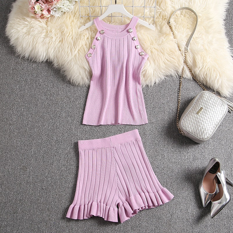 ALPHALMODA 2020 Summer Color Knit Top + Shorts Women 2pcs Lounge Wear Sets Popular Button Tank Top Shorts 2pcs Clothes Set