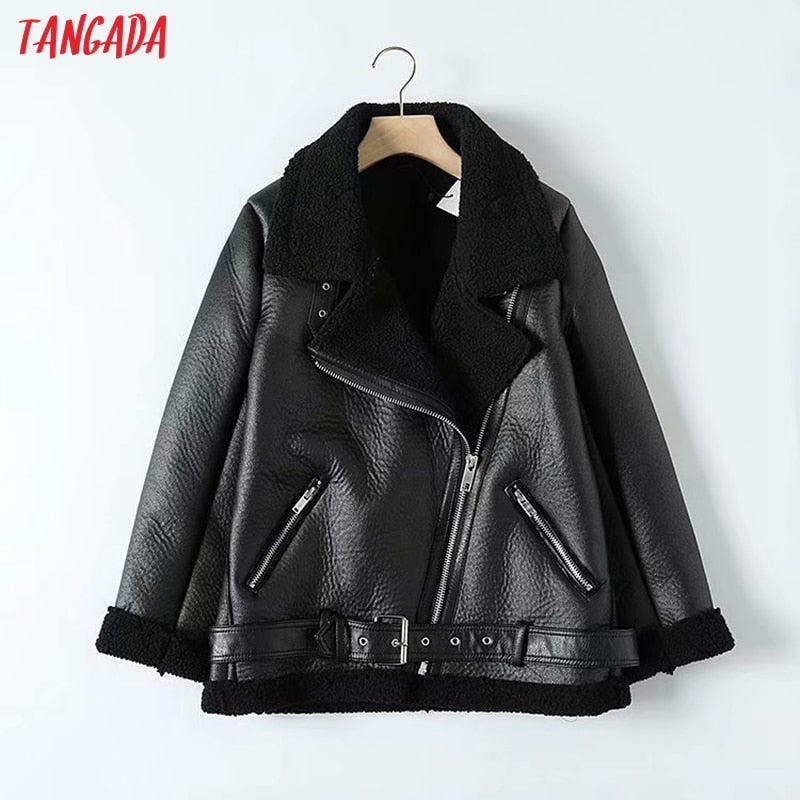 Tangada Women beige fur faux leather jacket coat with belt turn down collar Ladies 2019 Winter Thick Warm Oversized Coat 5B01