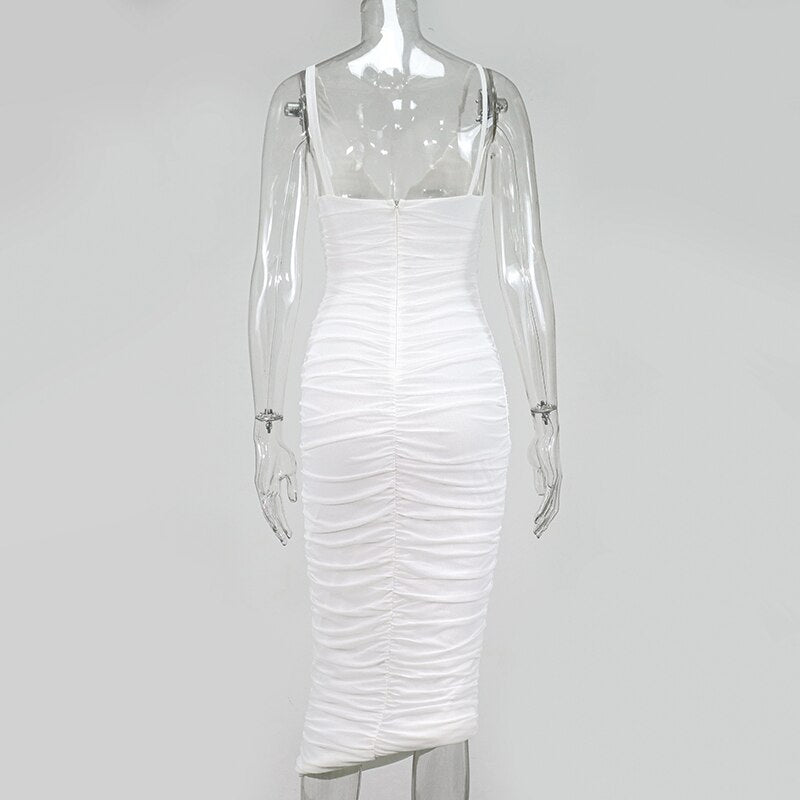 SRUBY Elegant White Mesh Dress Women Chic Spaghetti strap Blackless Midi Bodycon Dresses Summer Club Wear Party Long Dress 2020
