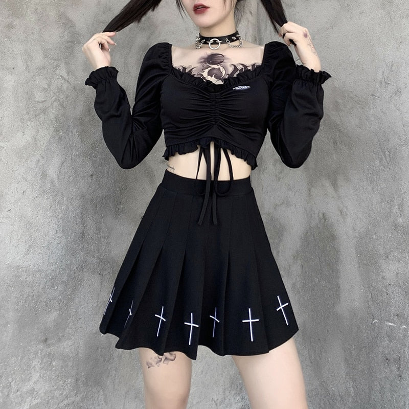 InsGoth Bandage Bodycon Long Sleeve Crop Tops Female Black V-neck Streetwear Punk Slim Tops Autumn Gothic Harajuku Top