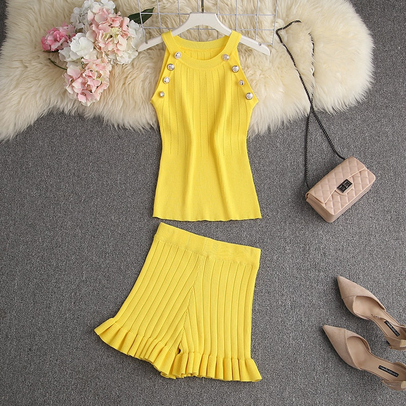 ALPHALMODA 2020 Summer Color Knit Top + Shorts Women 2pcs Lounge Wear Sets Popular Button Tank Top Shorts 2pcs Clothes Set
