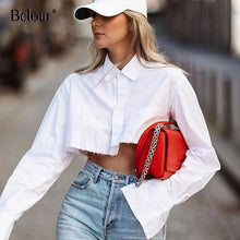 Bclout Casual Crop Top Women Blouses Fashion Turn Down Collar White Shirt Flare Sleeve Blouse Female Autumn Sexy Ladies Tops
