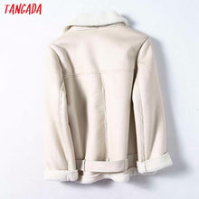 Tangada Women beige fur faux leather jacket coat with belt turn down collar Ladies 2019 Winter Thick Warm Oversized Coat 5B01