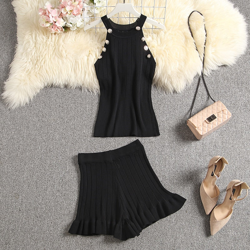 ALPHALMODA 2020 Summer Color Knit Top + Shorts Women 2pcs Lounge Wear Sets Popular Button Tank Top Shorts 2pcs Clothes Set