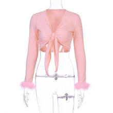 Viifaa Tie Front Fur Cuff Long Sleeve Crop T Shirt Women Clothes 2020 Autumn Winter Pink Tee Tops Sexy Streetwear Fashion Tshirt