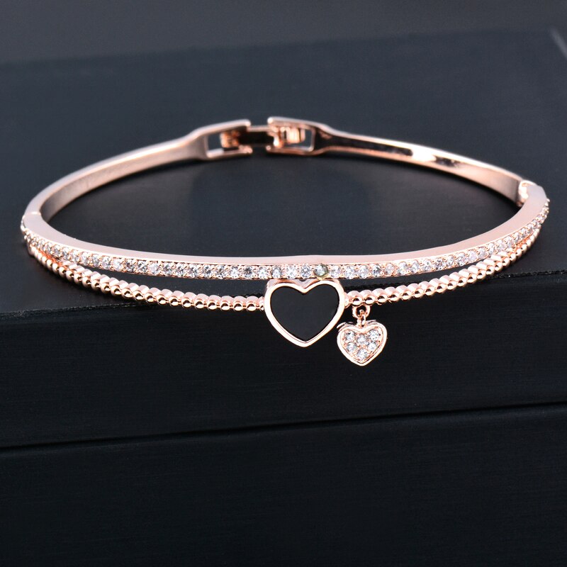 SINLEERY Romantic Black Heart Bangle Cuff For Women Gold Silver Color Crystal Heart Pendant Bracelets Women SL151 SSC
