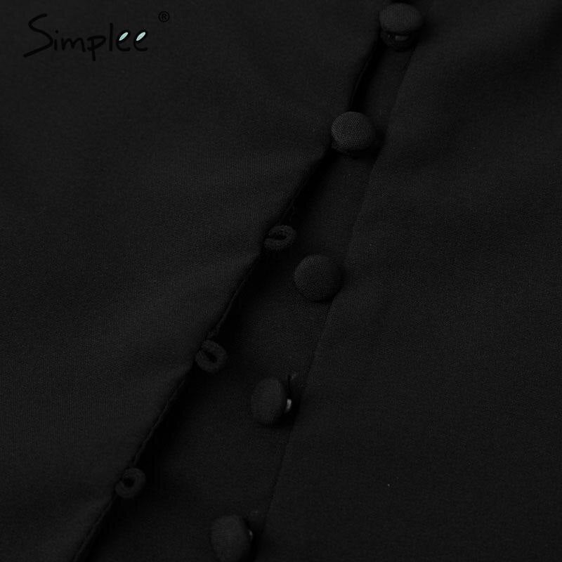 Simplee Lantern sleeve office ladies blouses V neck buttons slim women blouse shirts Chic autumn winter female black tops blusas