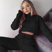 InstaHot Women Two Piece Tracksuit Set Turtleneck Crop Sweatshirt and Patchwork Sweatpant Homewear Leisure Solid Casual Outfit