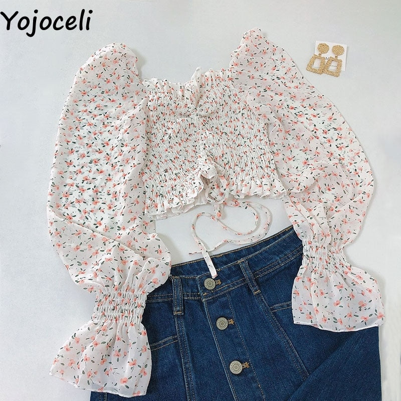 Yojoceli boho beach print blouses shirt women long sleeve ruffle short blouse tops female blusas