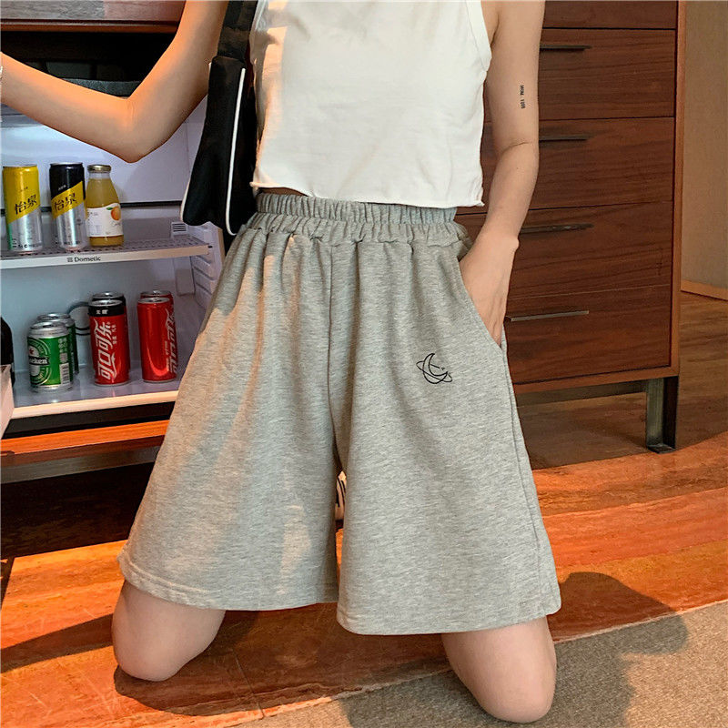 Harajuku Elastic High Waist Moon Embroidered Shorts Women Loose Sport Summer BF Casual Running Shorts Women Biker Baggy Short